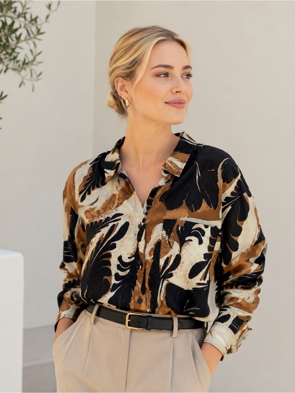 Joie Linen Blend Black & Brown Abstract Button-Down Shirt